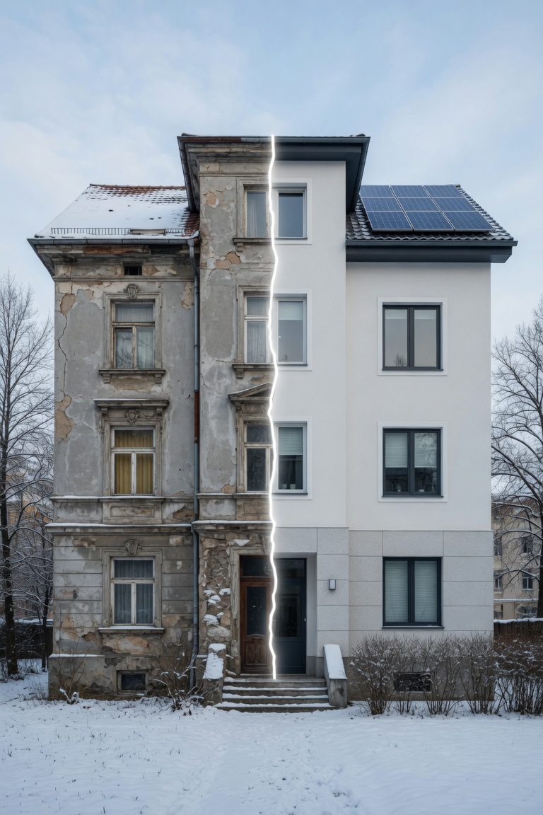 Altbau vor und nach serieller Fassadensanierung: aus Sanierungsstau wird ein modernes, energieeffizientes Gebäude