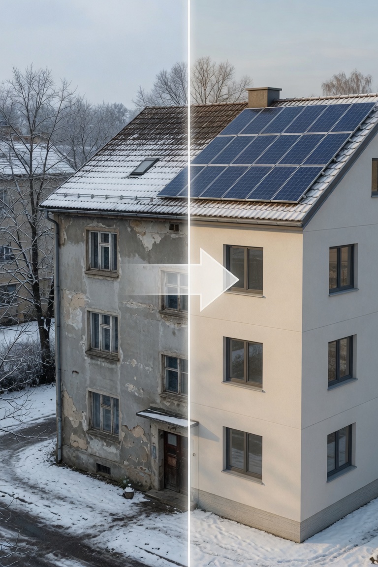 Vergleich Bestand und sanierte Gebäudehülle nach serieller Fassadensanierung