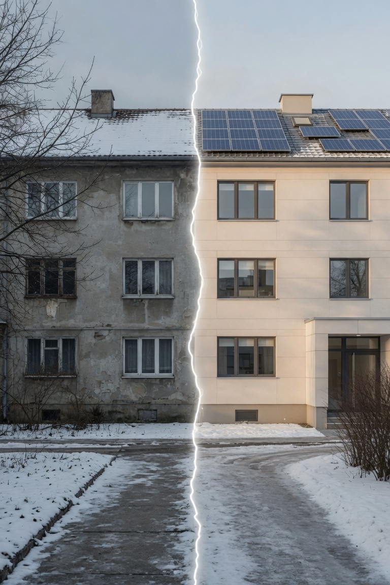 Unsaniertes Bestandsgebäude gegenüber der modernisierten, gedämmten Gebäudehülle mit Photovoltaik
