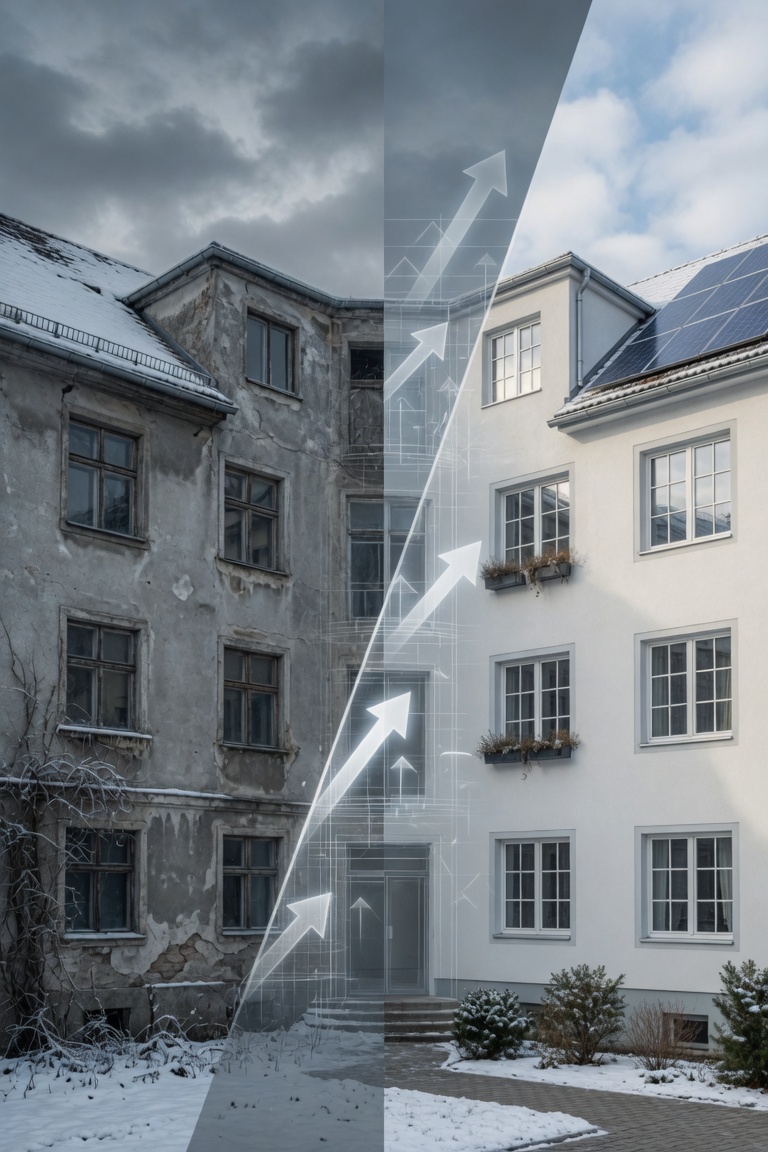 Bestandsgebäude vor und nach serieller Fassadensanierung – sichtbarer Wertsprung mit gedämmter Hülle und Photovoltaik