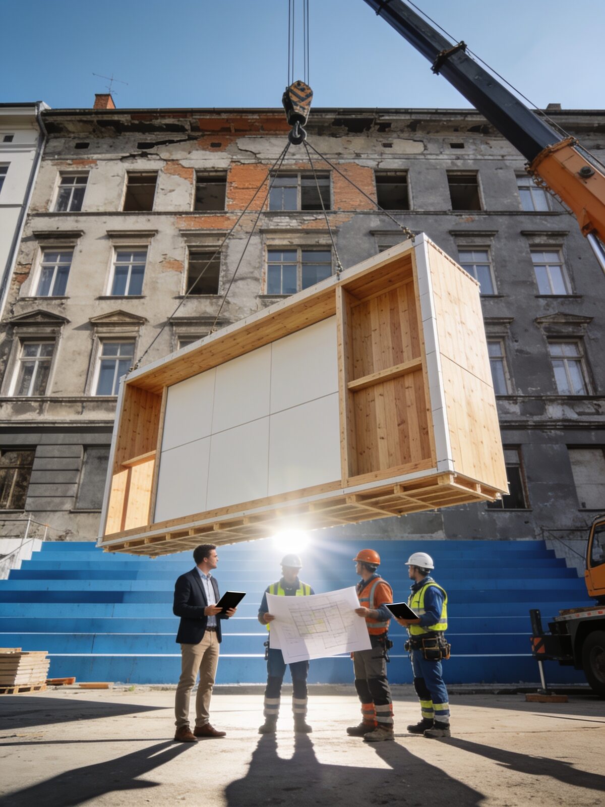 Kran hebt ein vorgefertigtes Holzrahmen-Fassadenelement an ein Bestandsgebäude, Projektteam im Vordergrund