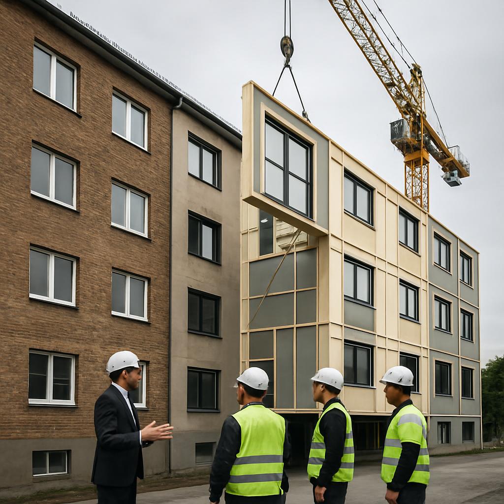 SSR-Projektleiter und Montageteam stimmen die Fassadenmontage am Bestandsgebäude ab