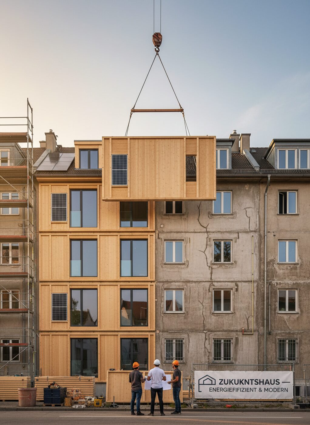 Montage eines vorgefertigten Holzrahmen-Fassadenelements an einem Bestandsgebäude